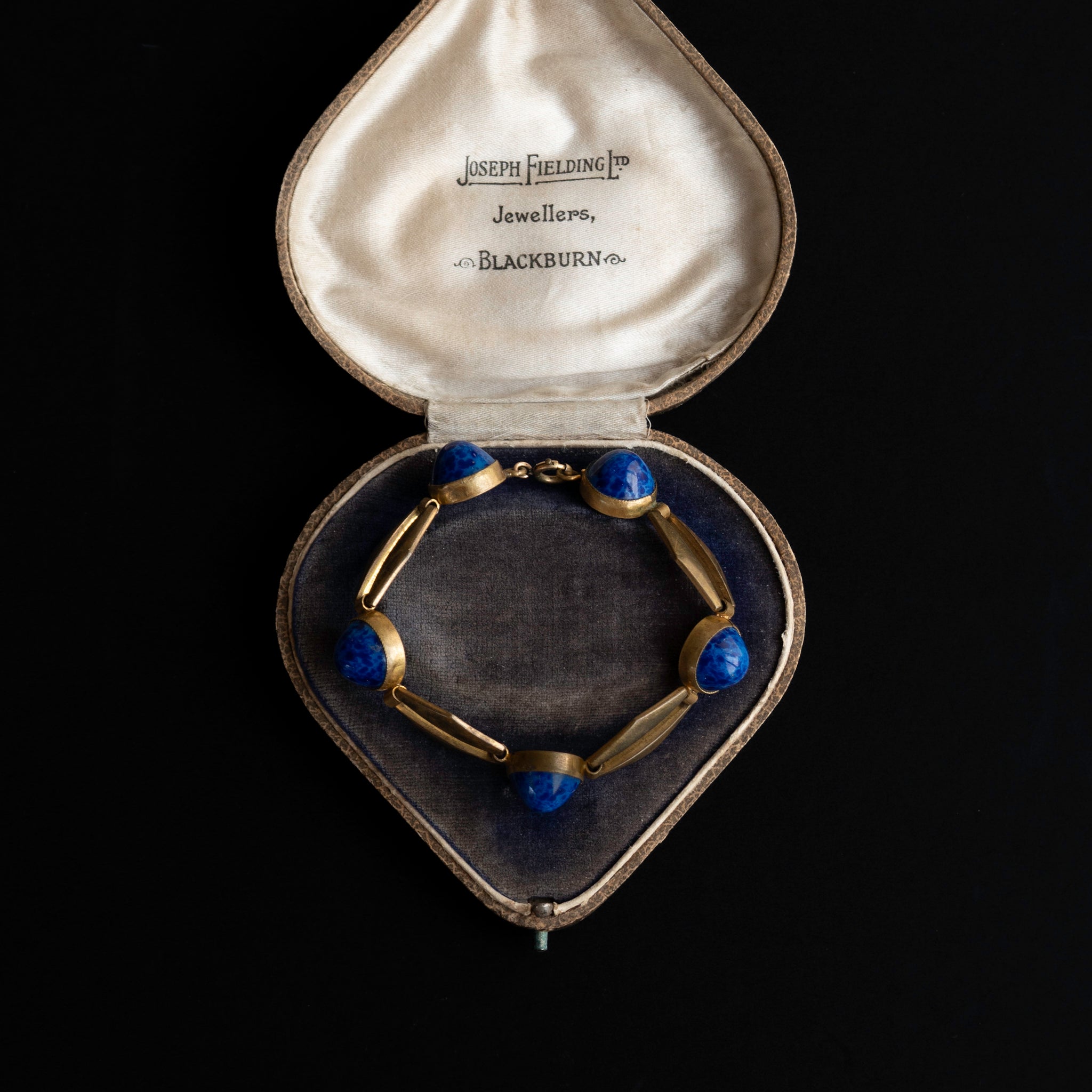1930-40s Ocean Blue Glass Brass Bracelet