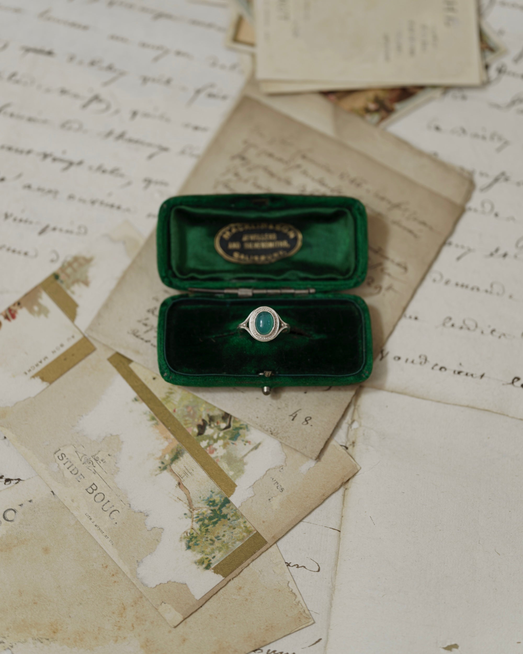 Jade Green Stone Cabochon Silver Ring with Ornate Frame