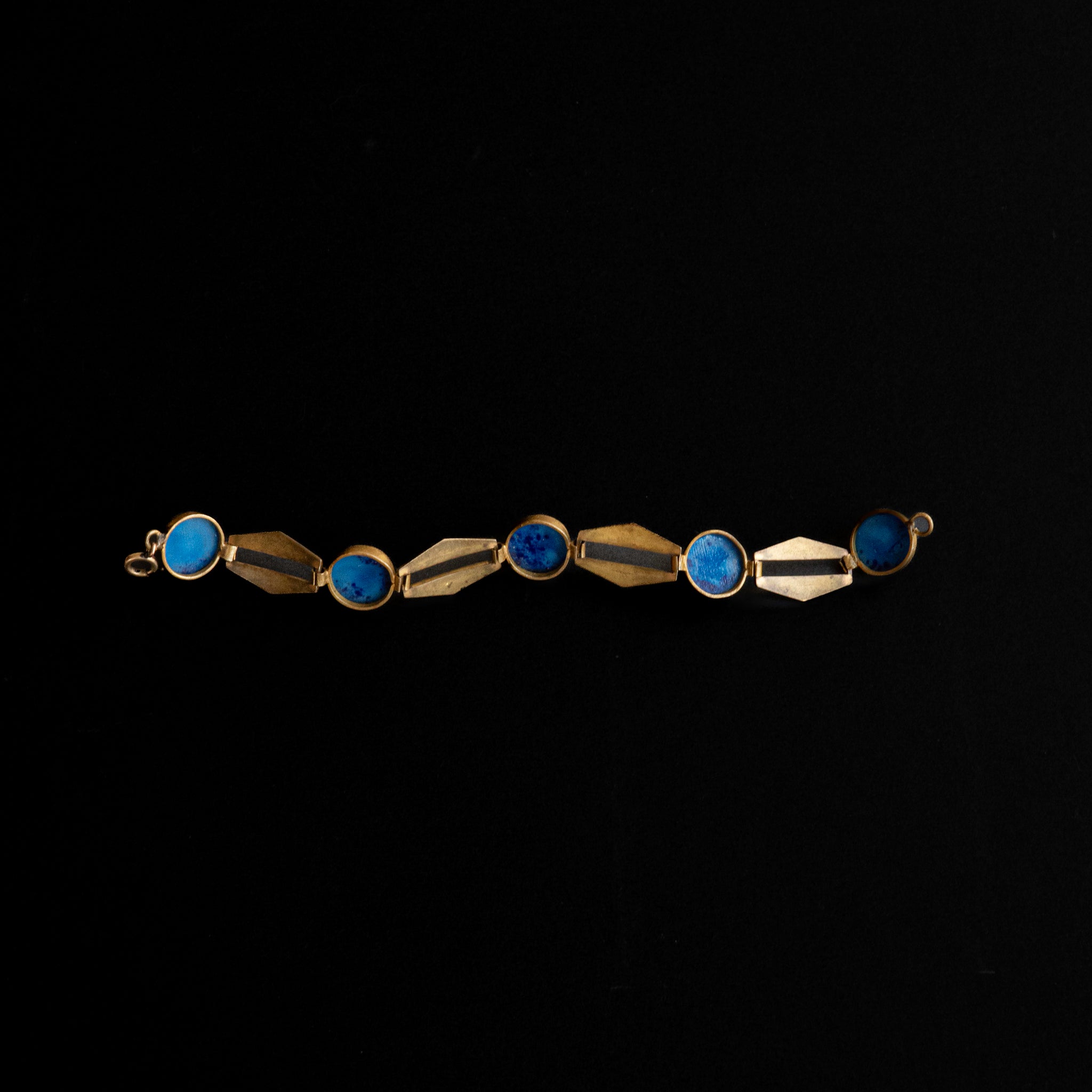 1930-40s Ocean Blue Glass Brass Bracelet