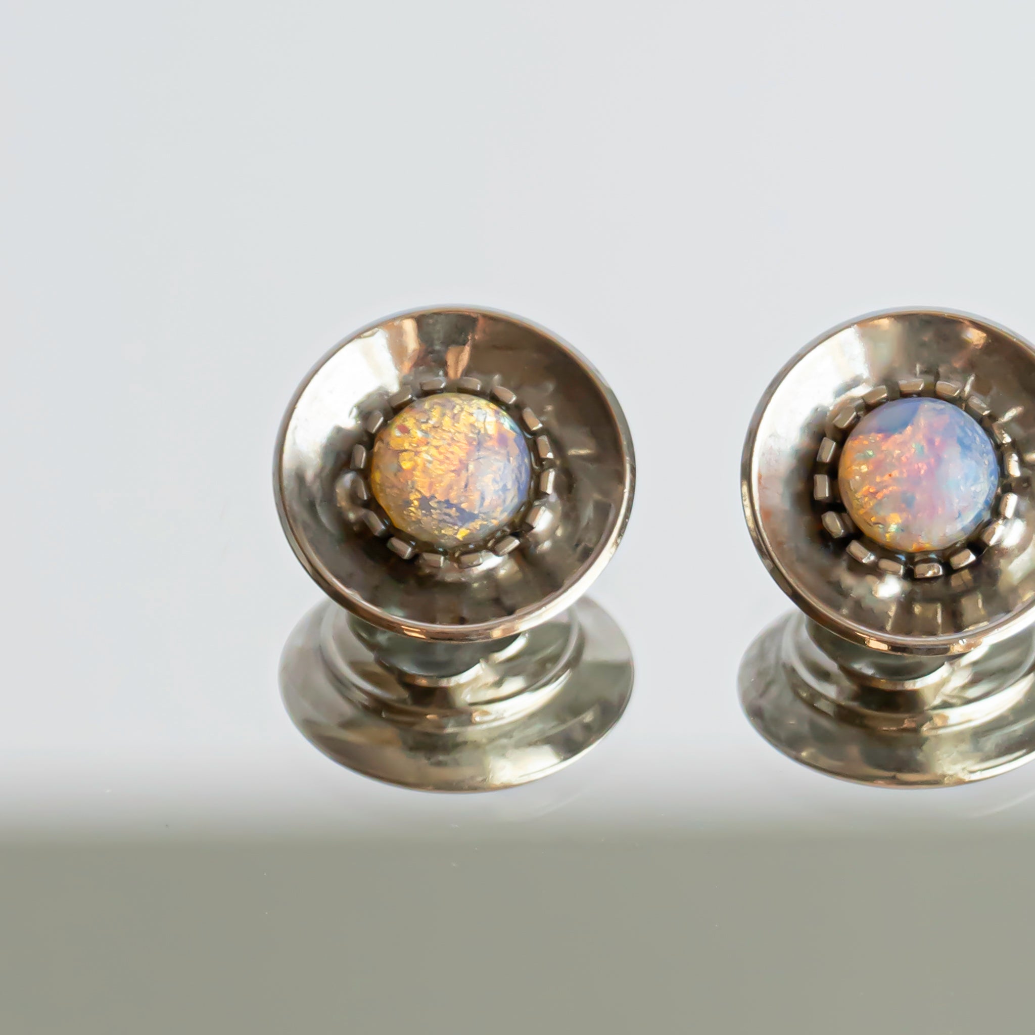 Fire Pink Opal Glass Silver Tone Earrings