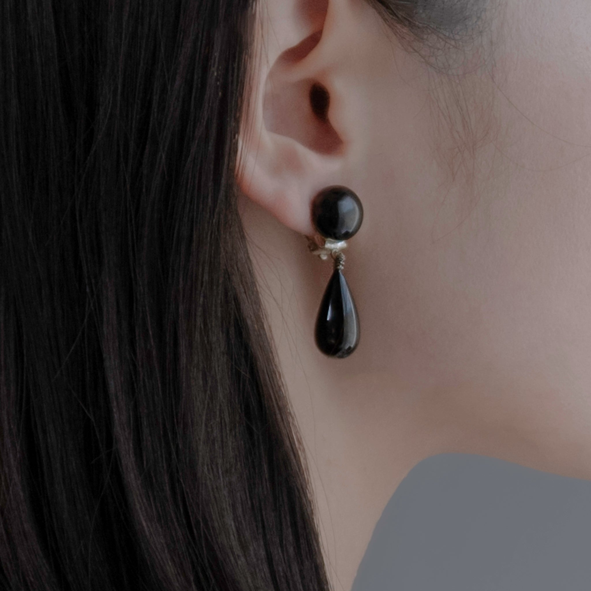 Deep Black Glass Tear Drop Earrings