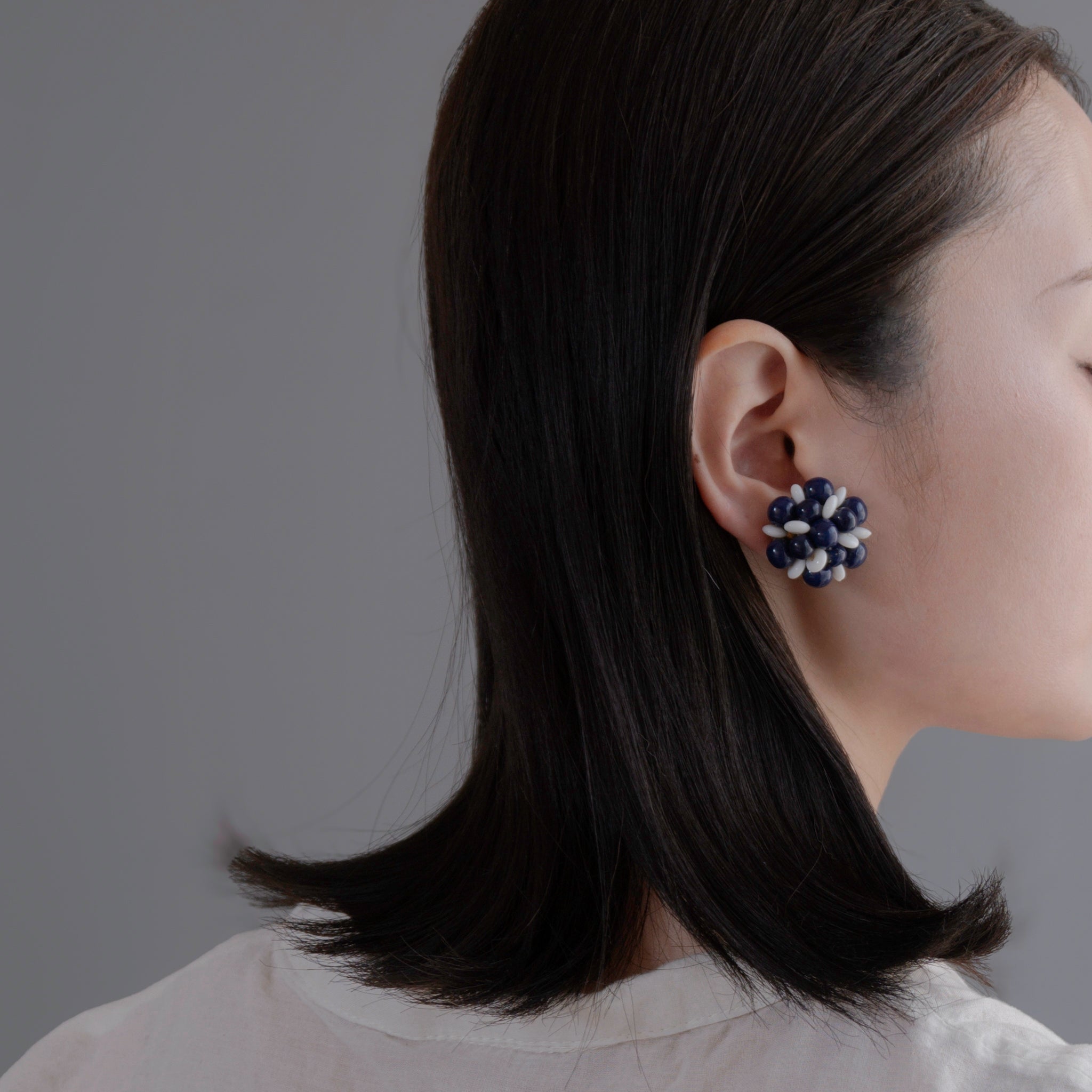 Navy Pure White Glass Flora Earrings