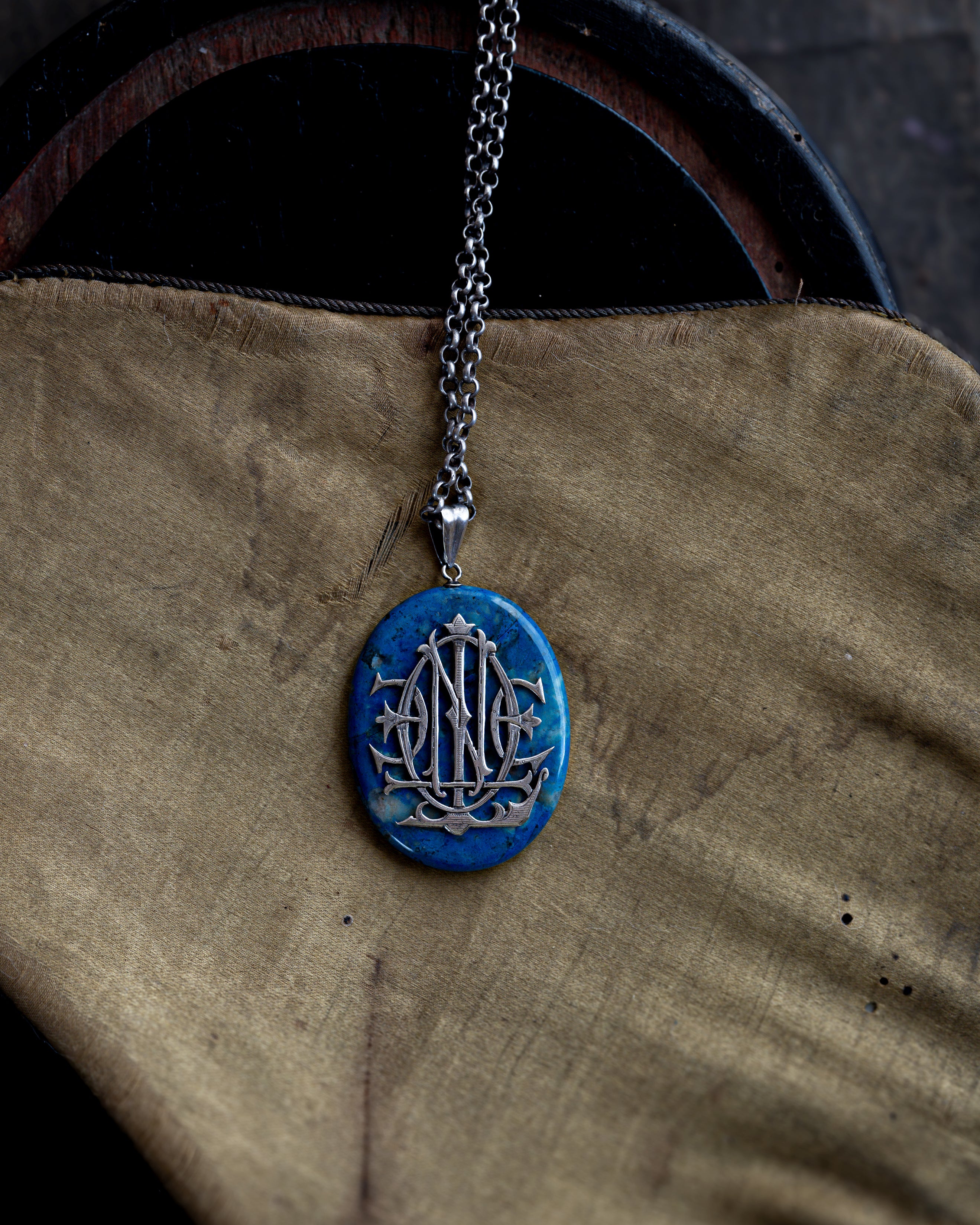 C.1900s French Monogram Blue Marble Stone Necklace