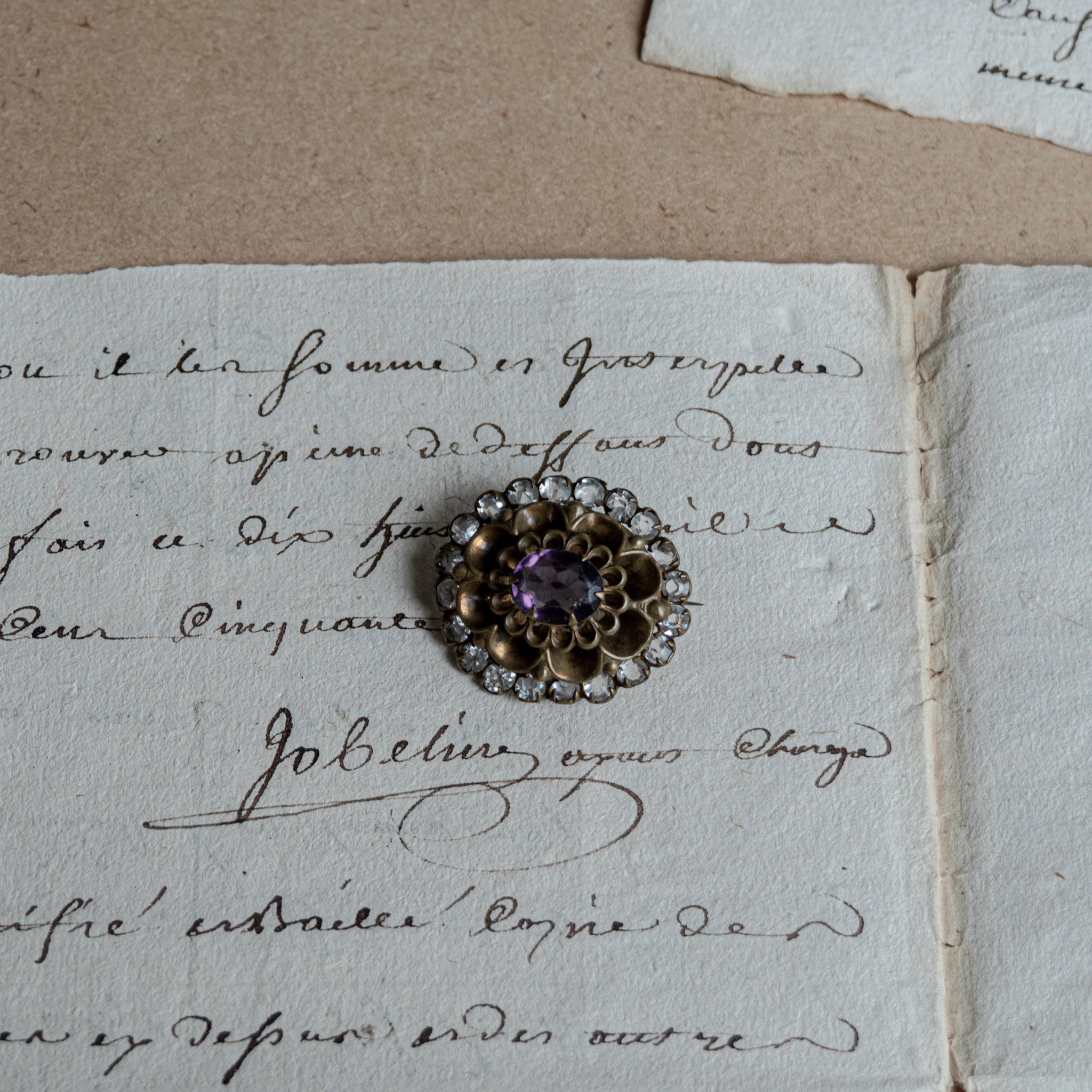 Antique Clear Purple Glass Fleur Brooch