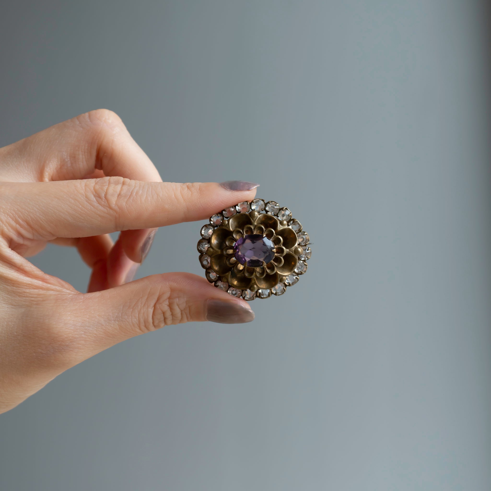 Antique Clear Purple Glass Fleur Brooch