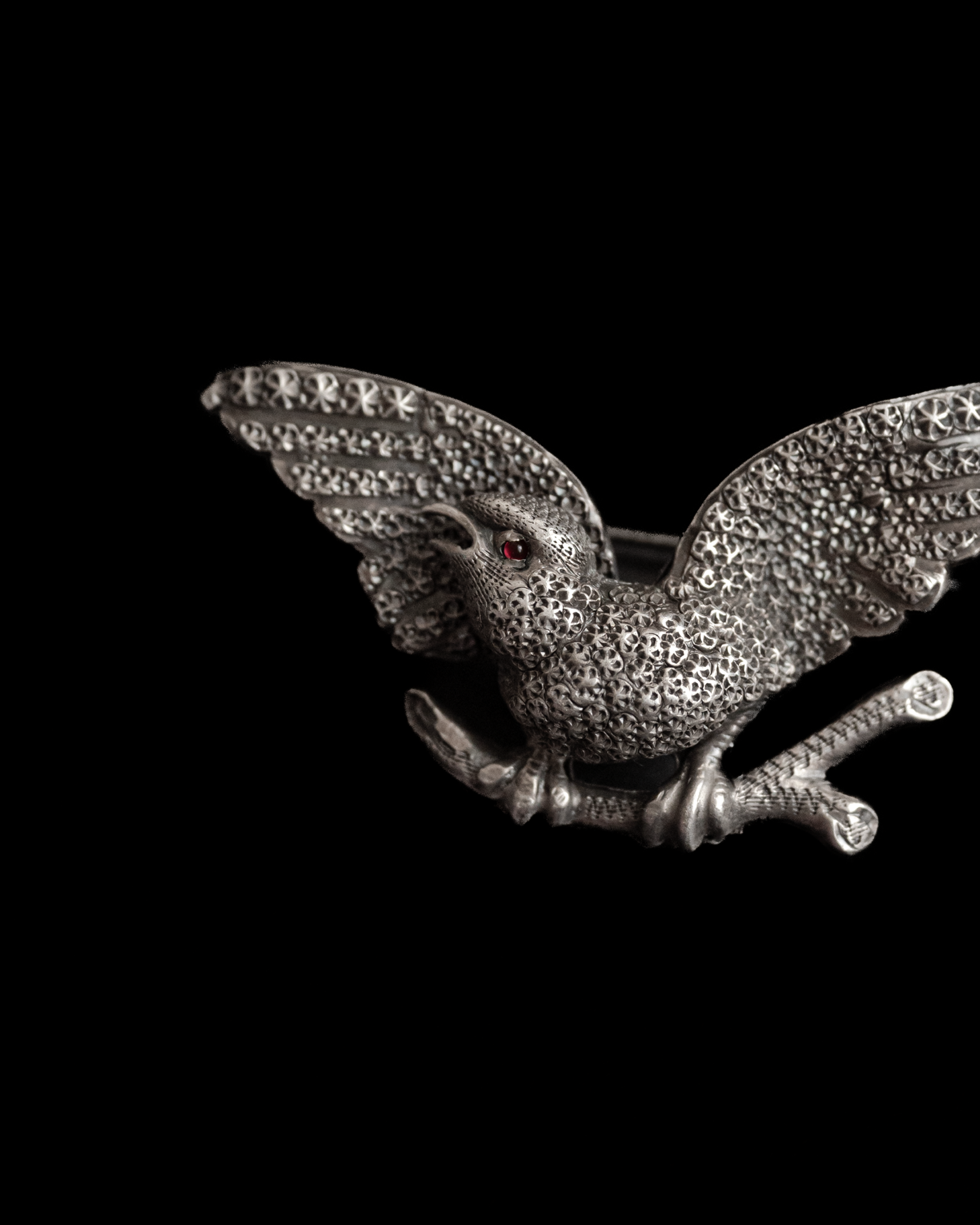 Flying Red Eye Bird Silver Brooch