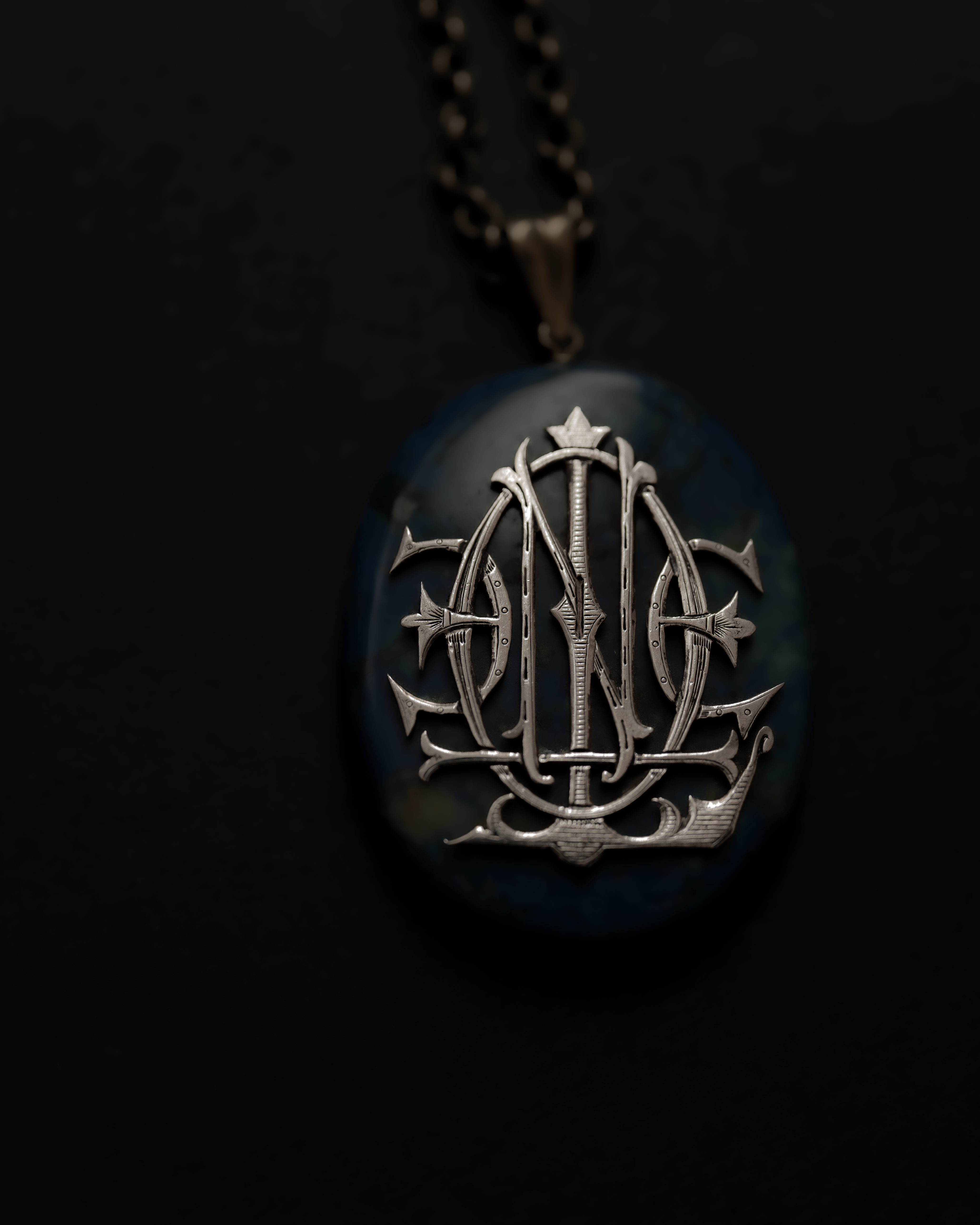 C.1900s French Monogram Blue Marble Stone Necklace