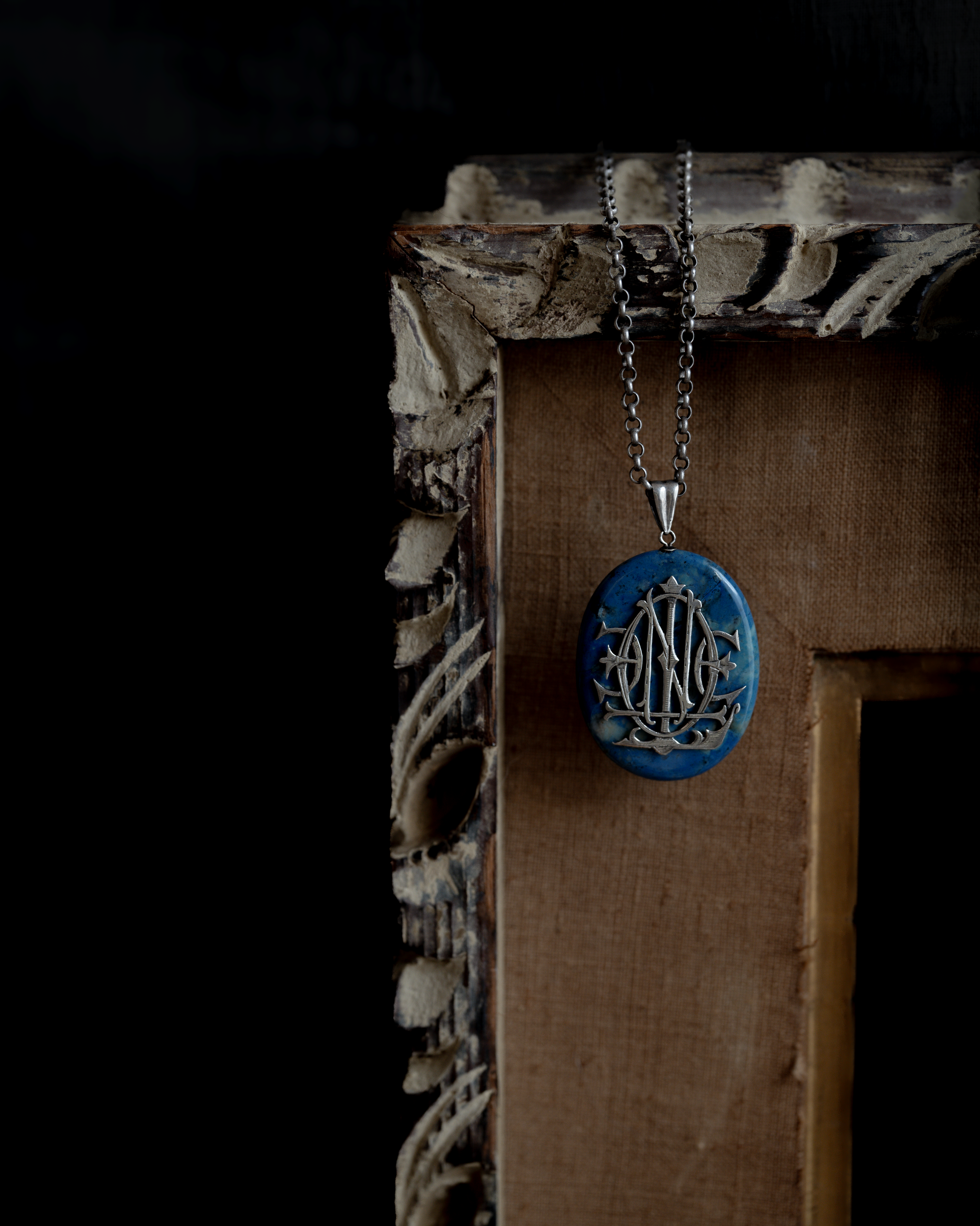 C.1900s French Monogram Blue Marble Stone Necklace