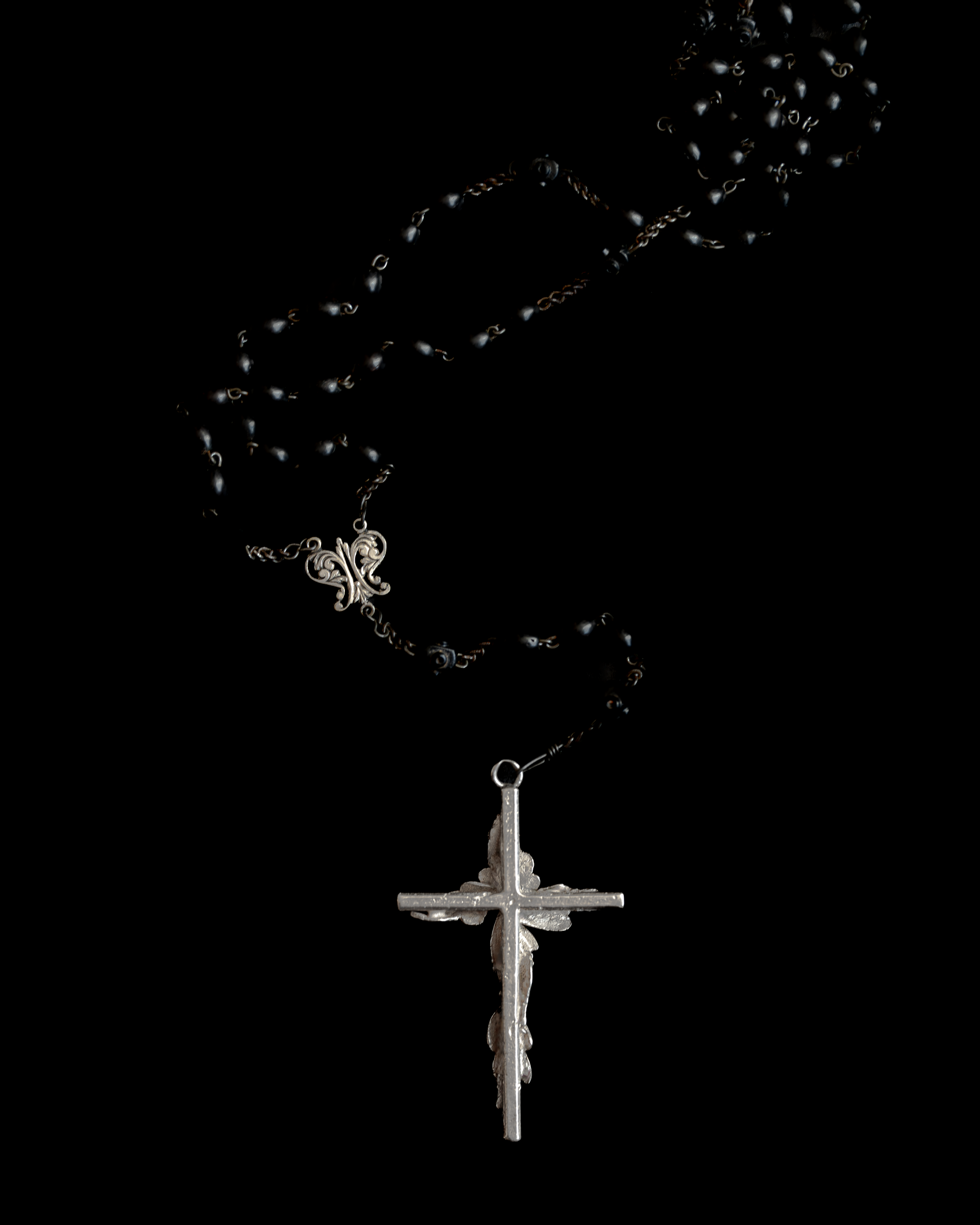 Black Wooden Beads Rosary with Silver Leaf Cross