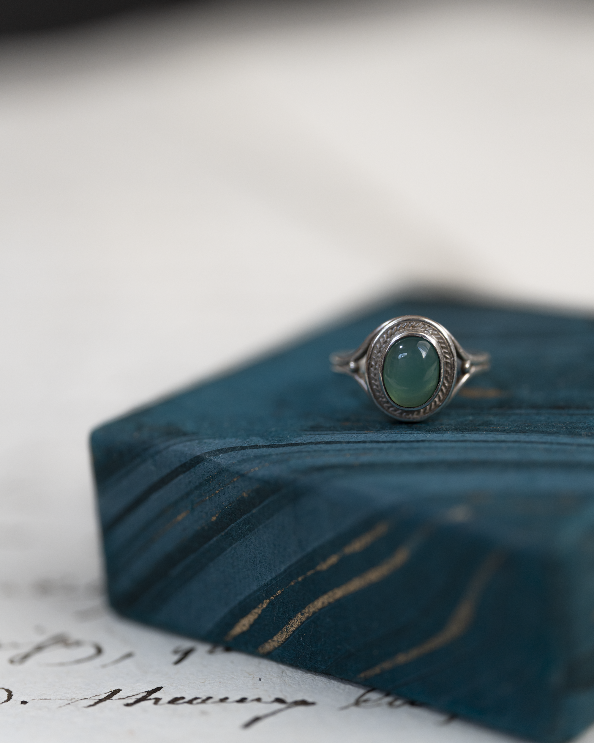 Jade Green Stone Cabochon Silver Ring with Ornate Frame