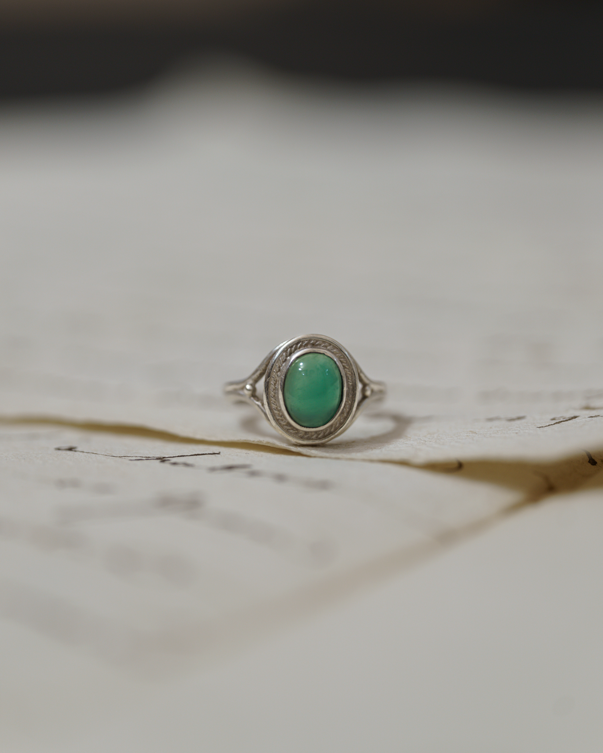 Jade Green Stone Cabochon Silver Ring with Ornate Frame