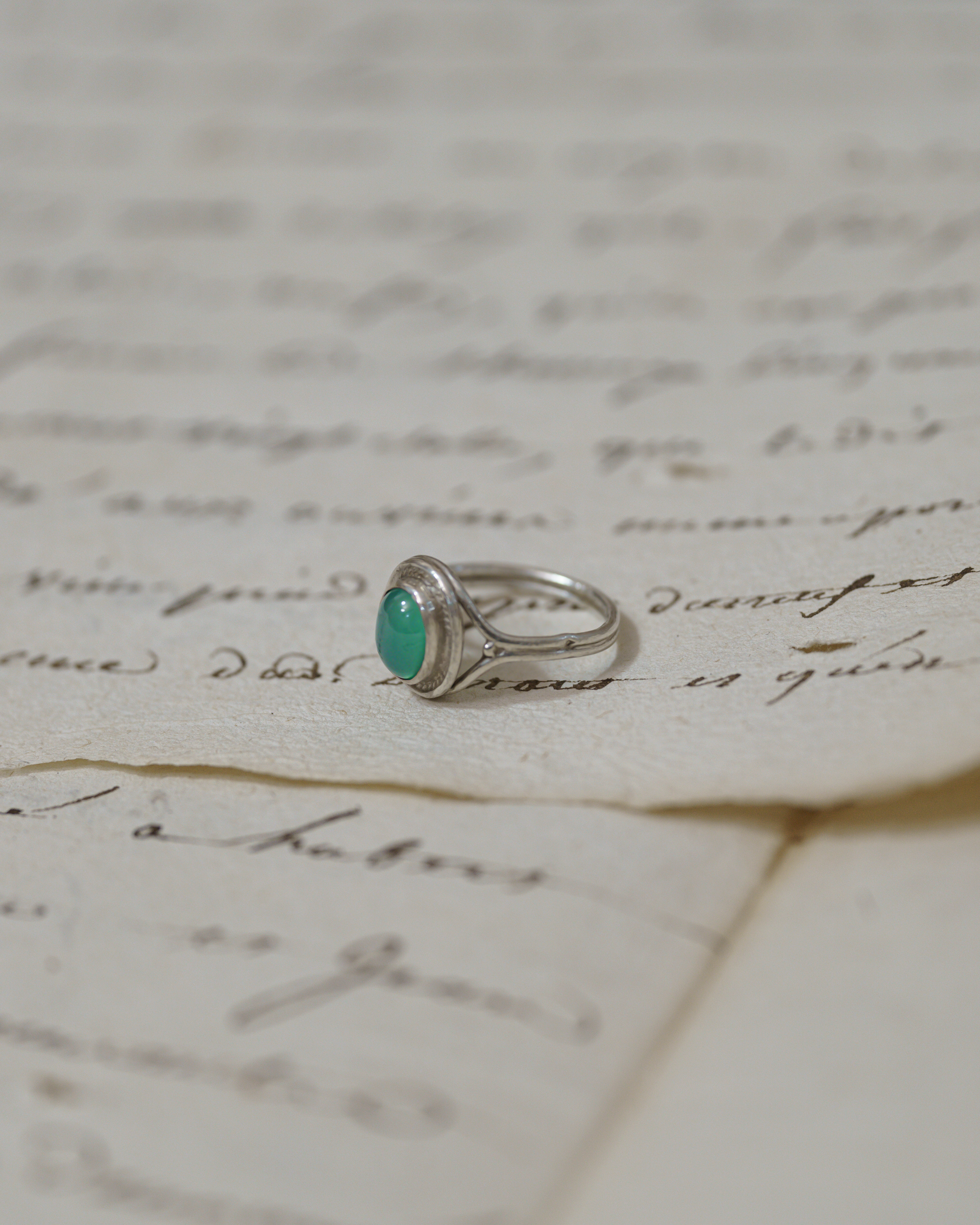 Jade Green Stone Cabochon Silver Ring with Ornate Frame